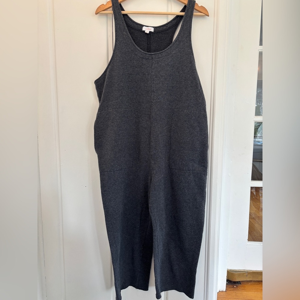Colsie Heathered Gray Lounge Fleece Cropped Sleeveless Stretch Jumpsuit Sz L